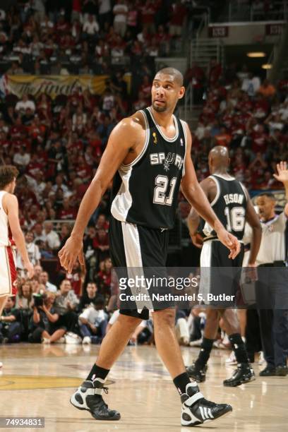 Tim Duncan of the San Antonio Spurs displays emotion in Game Three of the NBA Finals against the Cleveland Cavaliers at the Quicken Loans Arena on...