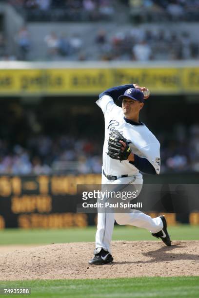 Trevor Hoffman of the San Diego Padres pitches during the game against the Seattle Mariners at Petco Park in San Diego, California on June 10, 2007....