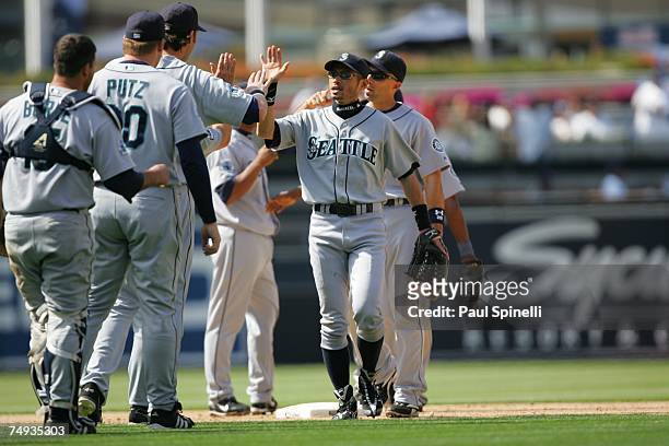 The Seattle Mariners celebrate win after the game against the San Diego Padres at Petco Park in San Diego, California on June 10, 2007. The Mariners...