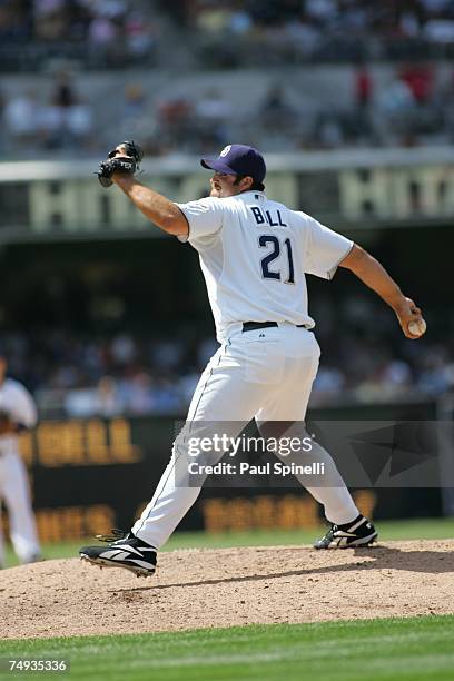 Heath Bell of the San Diego Padres pitches during the game against the Seattle Mariners at Petco Park in San Diego, California on June 10, 2007. The...