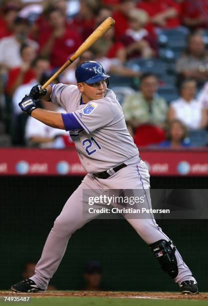 Billy Butler of the Kansas City Royals bats against the Los Angeles Angels of Anaheim during the MLB game on June 25, 2007 at Angel Stadiium in...