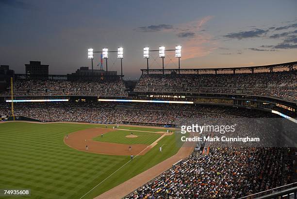 General view of Comerica Park at night during the game between the Detroit Tigers and the Milwaukee Brewers at Comerica Park in Detroit, Michigan on...