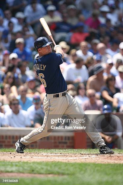 Chase Headley of the San Diego Padres bats during the game against the Chicago Cubs at Wrigley Field in Chicago, Illinois on June 16, 2007. The Cubs...