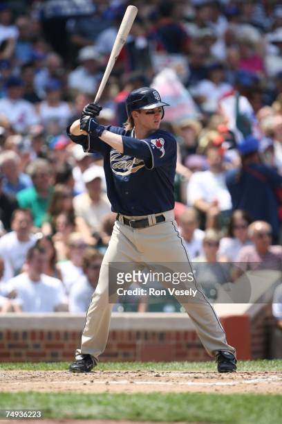 Khalil Greene of the San Diego Padres bats during the game against the Chicago Cubs at Wrigley Field in Chicago, Illinois on June 16, 2007. The Cubs...