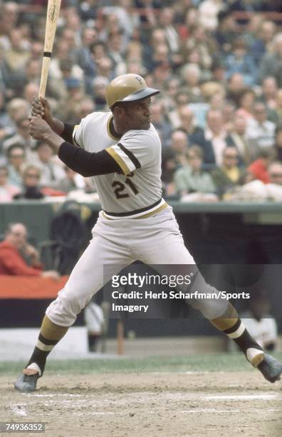 Roberto Clemente of the Pittsburgh Pirates batting against the Baltimore Orioles during Game 1 of the 1971 World Series on October 9, 1971 in...