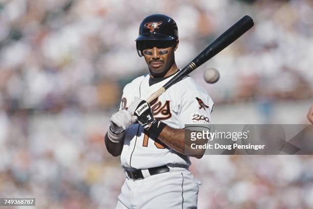 Harold Baines, designated hitter and rightfielder for the Baltimore Orioles during the Major League Baseball American League East game against the...