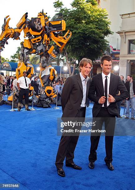 Director Michael Bay and actor Josh Duhamel arrive to Paramount Pictures' premiere of "Transformers" held at Mann's Village Theater on June 27, 2007...