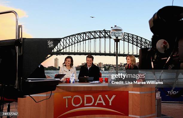 Presenters Lisa Wilkinson, Karl Stefanovic and Allison Langdon present live on-air as part of the Today Show 25th birthday celebrations outside the...