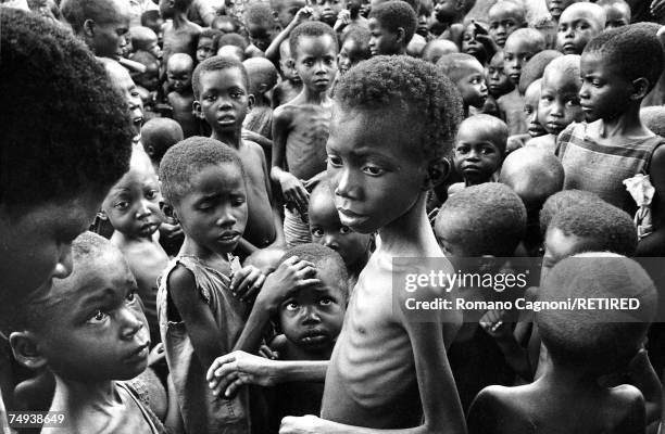 Group of emaciated children during the civil war in Biafra , 1970.