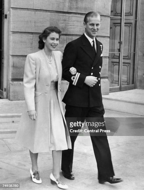 Princess Elizabeth and naval Lieutenant Philip Mountbatten photographed for the first time since the announcement of their engagement, 10th July 1947.