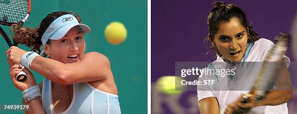 In this combination of pictures taken 03 June 2007 and 14 February 2007 respectively, Israeli tennis player Shahar Peer hits a backhand shot to...