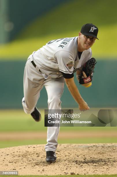 Rick Vanden Hurk of the Florida Marlins pitches during the game against the Kansas City Royals at Kauffman Stadium in Kansas City, Missouri on June...