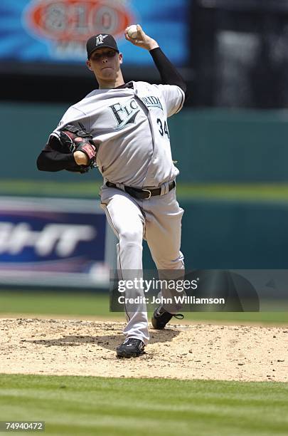 Scott Olsen of the Florida Marlins pitches during the game against the Kansas City Royals at Kauffman Stadium in Kansas City, Missouri on June 17,...