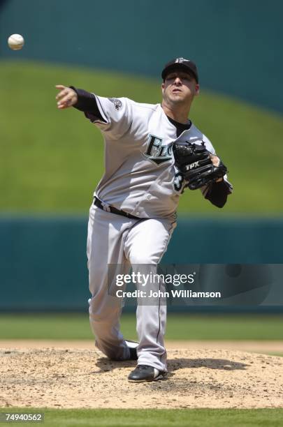 Justin Miller of the Florida Marlins pitches during the game against the Kansas City Royals at Kauffman Stadium in Kansas City, Missouri on June 17,...