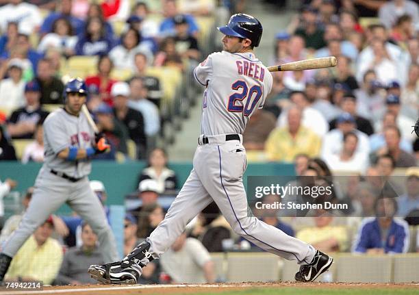 Shawn Green of the New York Mets swings at the pitch against the Los Angeles Dodgers at Dodger Stadium June 13, 2007 in Los Angeles, California.