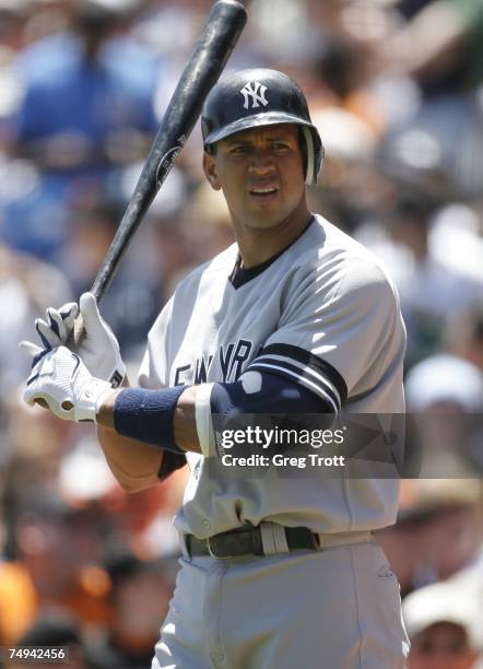 Alex Rodriguez of the New York Yankees gets ready at bat against the San Francisco Giants during a Major League Baseball game at AT&T Park June 23,...