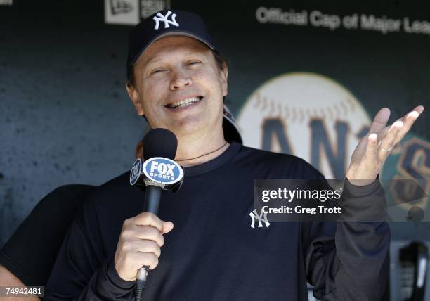 Billy Crystal announces the opening lineup for the Fox telecast before the San Francisco Giants and New York Yankees game at AT&T Park June 23, 2007...