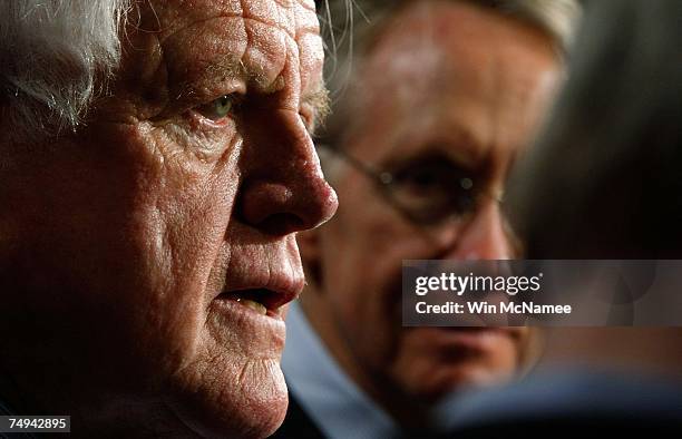 Sen. Ted Kennedy speaks during a press conference with Senate Majority Leader Harry Reid following the defeat of an immigration bill procedural vote...