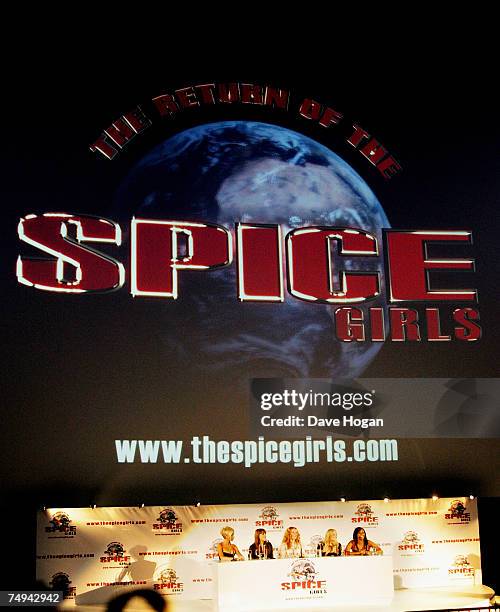 Spice Girls Victoria Beckham, Melanie Chisholm , Geri Halliwell, Emma Bunton and Melanie Brown attend a press conference to announce the band's...