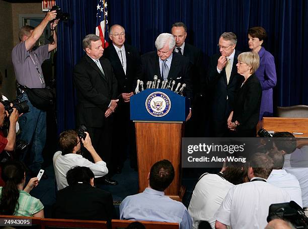 Sen. Edward Kennedy pauses as he speaks as Senate Majority Whip Richard Durbin , Sen. Ken Salazar , Sen. Charles Schumer , Senate Majority Leader...