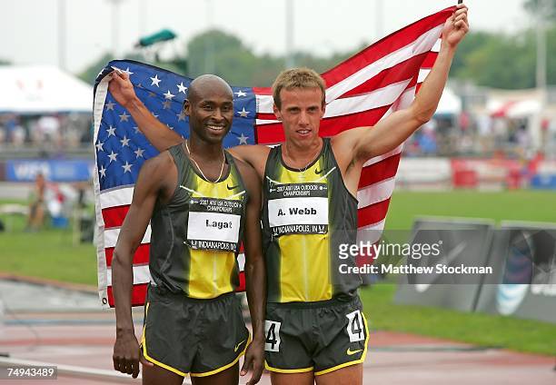 Alan Webb and Bernard Lagat wave to the crowd after Webb won the men's 1500 meter run during day four of the AT&T USA Outdoor Track and Field...