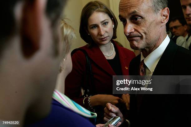 Homeland Security Secretary Michael Chertoff speaks to the media after a cloture vote on an immigration reform bill June 28, 2007 on Capitol Hill in...