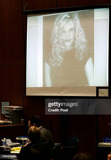 Photograph of actress Lana Clarkson is projected by the prosecution, during Phil Spector's murder trial at the Los Angeles Superior Court June 28,...