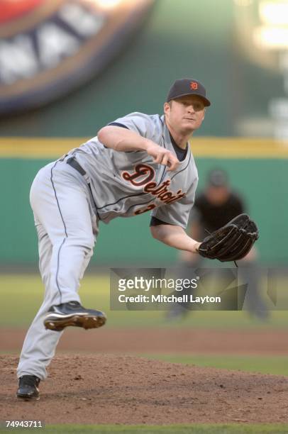 Jeremy Bonderman of the Detroit Tigers pitches during a baseball game against the Washington Nationals on June 20, 2007 at RFK Stadium in Washington...