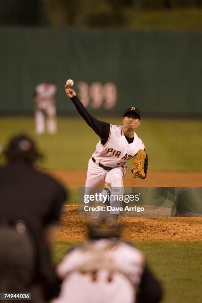 Masumi Kuwata of the Pittsburgh Pirates pitches during the Interleague game against the Texas Rangers at PNC Park in Pittsburgh, Pennsylvania on June...