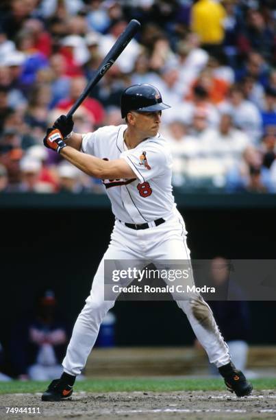 Cal Ripken Jr. #8 of the Baltimore Orioles batting against the Atlanta Braves in June 1998 in Baltimore, Maryland.