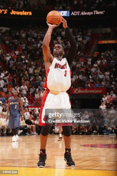 Dwyane Wade of the Miami Heat shoots during the game against the Washington Wizards on April 11, 2007 at American Airlines Arena in Miami, Florida....