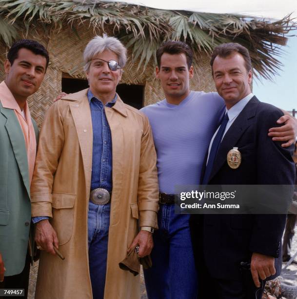 Left to Right: Ricardo Molina, Jorge Rivera, Cristian de la Fuente and Eddie Albert, Jr. On the set of "Reyes y Rey" in Mexico 1998.