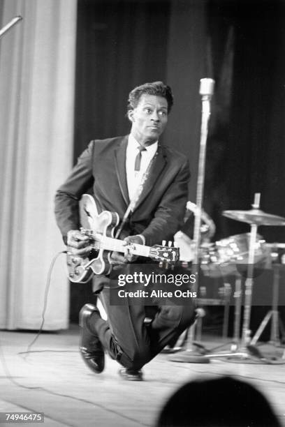 Rock and roll musician Chuck Berry performs onstage in the East Village in 1966 in New York City, New York.