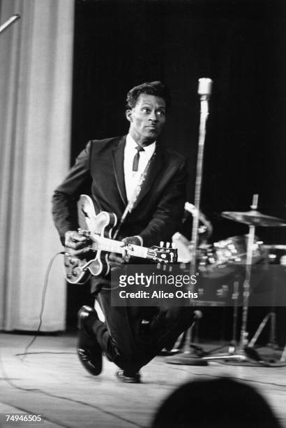 Rock and roll musician Chuck Berry performs onstage in the East Village in 1966 in New York City, New York.