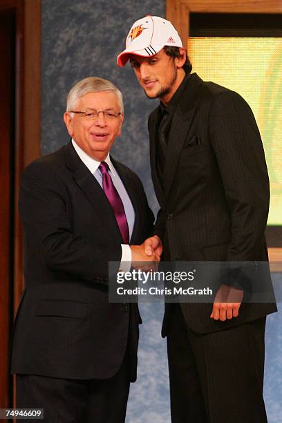 Commissioner David Stern shakes hands with Marco Belinelli of Italy after he was drafted 18th by the Golden State Warriors during the 2007 NBA Draft...