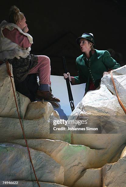 Countess Gloria von Thurn und Taxis and Anke Zillich perform on stage during the rehearsal of the operetta 'Weisses Roessl' prior to the Thurn und...