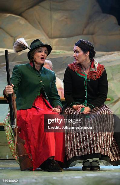 Countess Gloria von Thurn und Taxis and singer Anjara Bartz perform on stage during the rehearsal of the operetta "Weisses Roessl" prior to the Thurn...