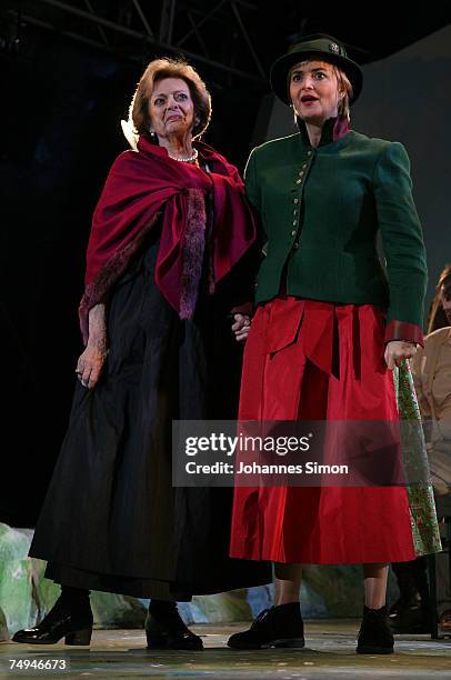 Countess Gloria von Thurn und Taxis and her mother Beatrix von Schoenburg-Glauchau perform on stage during the rehearsal of the operetta "Weisses...