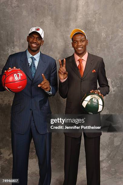 Greg Oden, selected first overall by the Portland Trailblazers, and Kevin Durant, selected second overall by the Seattle SuperSonics, pose for a...