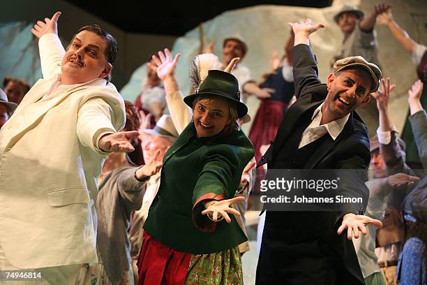 Countess Gloria von Thurn und Taxis , Guenter Alt and Otto Katzameier perform on stage during the rehearsal of the operetta "Weisses Roessl" prior to...
