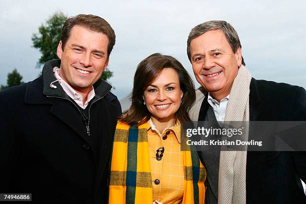 Personality Ray Martin poses with hosts Karl Stefanovic and Lisa Wilkinson off-air as part of the Today Show 25th birthday celebrations at Federation...