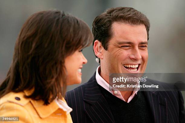 Today show hosts Lisa Wilkinson and Karl Stefanovic appears on-air as part of the Today Show 25th birthday celebrations at Federation Square on June...
