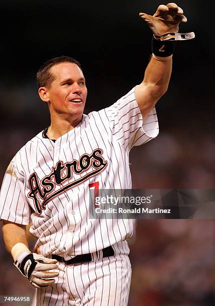 Second baseman Craig Biggio of the Houston Astros reacts after getting his 3,000th career hit against the Colorado Rockies in the 7th inning on June...