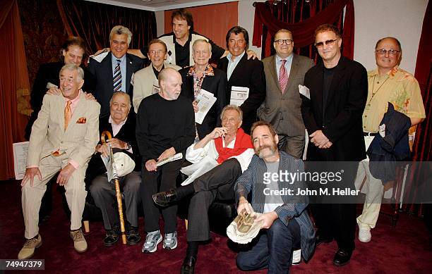 Back Row Richard Lewis, Jay Leno, Norm Crosby, Kevin Nealon, Hugh Hefner, Ross Shafer,co-founder and Executive Director of the Heartland Comedy...