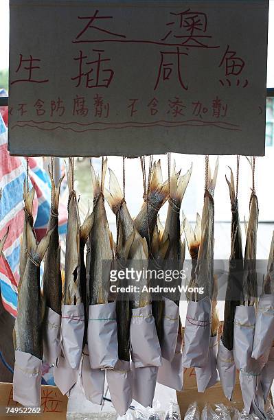 Shop sells salted sun-dried fish which is a local delicacy at Tai O fishing village on June 29, 2007 in Hong Kong. The houses at Tai O are built on...