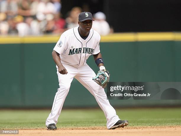 Yuniesky Betancourt of the Seattle Mariners gets ready infield during the game against the Boston Red Sox on June 27, 2007 at Safeco Field in...