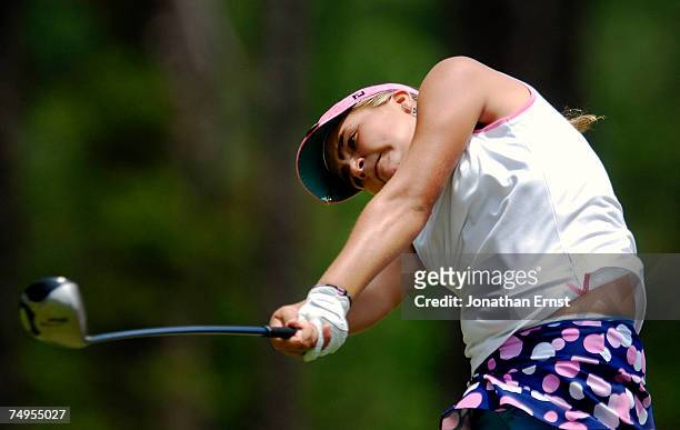 Alexis Thompson of USA plays her shot from the 7th tee during round two of the U.S. Women's Open Championship at Pine Needles Lodge & Golf Club on...