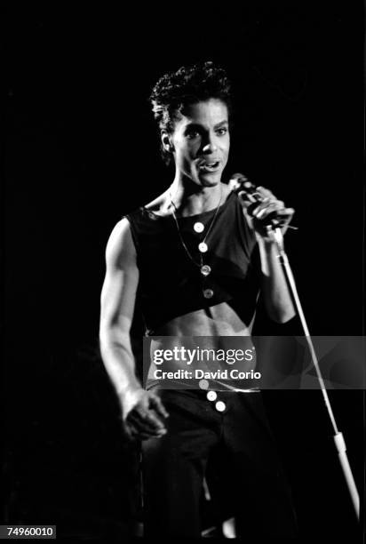 Musician Prince performing at Wembley Arena in August 14, 1986 in London, England.