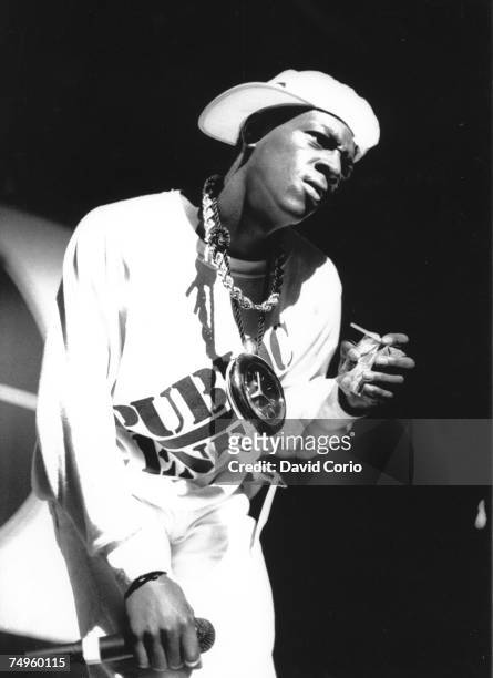 Flavor Flav of the rap group "Public Enemy" performs onstage at the Hammersmith Odeon on February 11, 1987 in London, England.