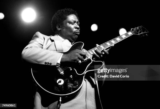 Blues musician B.B. King performs onstage with his "Lucille" model Gibson electric hollowbody guitar at the Hammersmith Odeon on May 5, 1982 in...